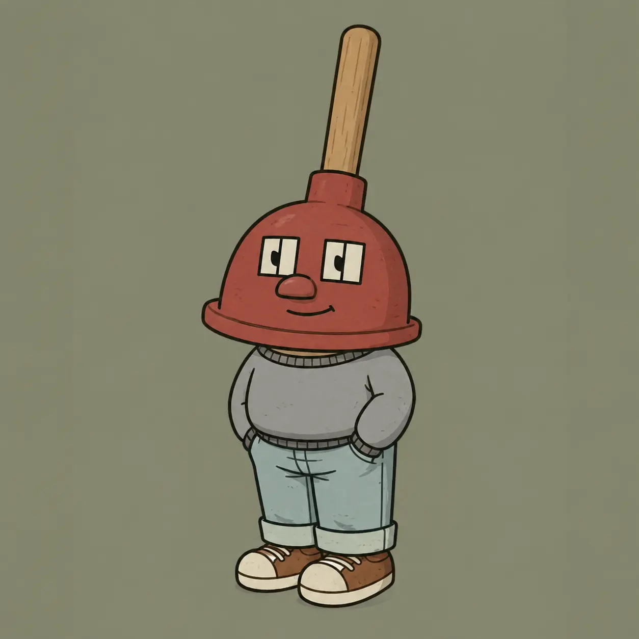 PLUNGERHOUSE, a cartoon character with a red plunger head